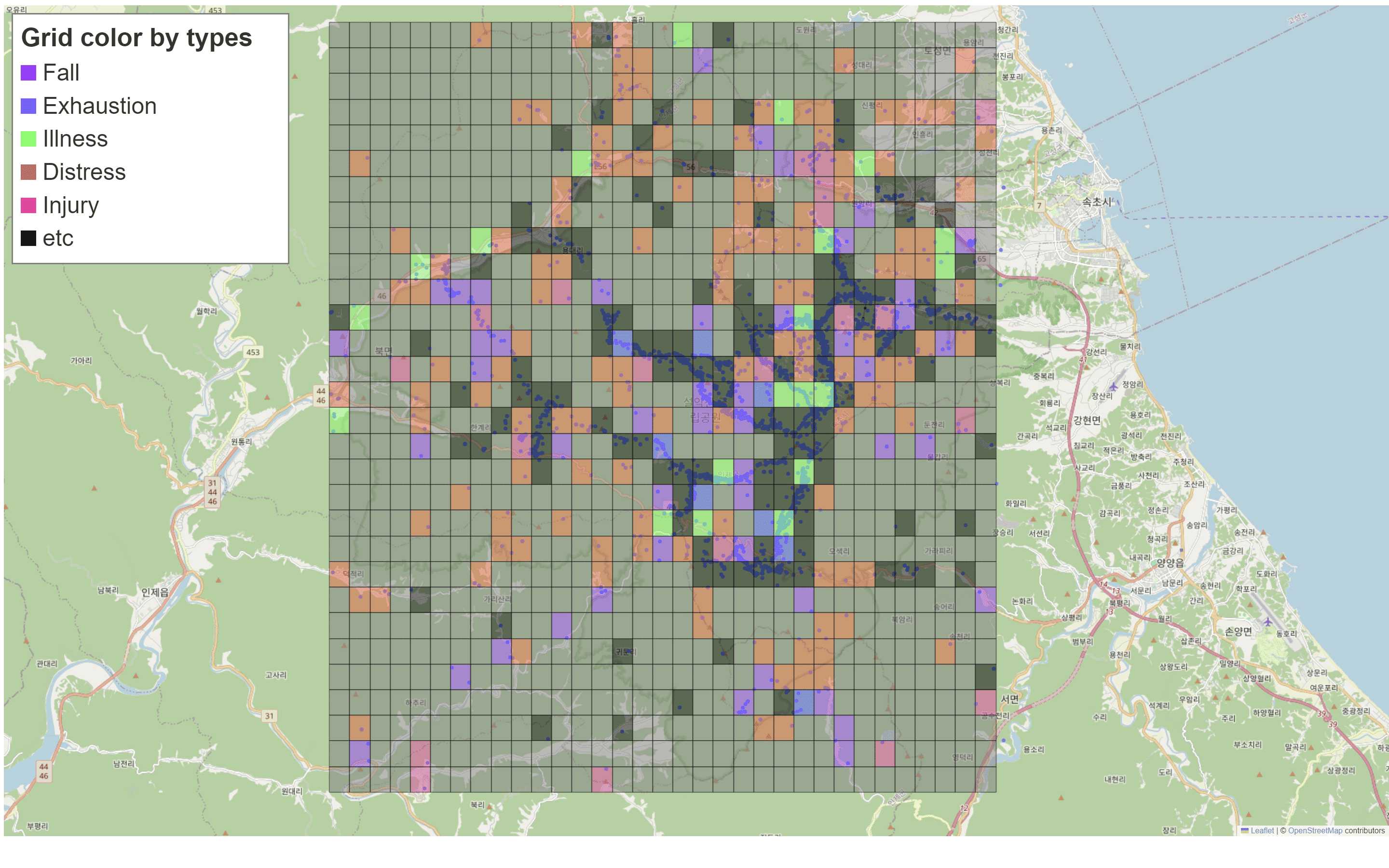 Visualization of grid by accident type in Seorak